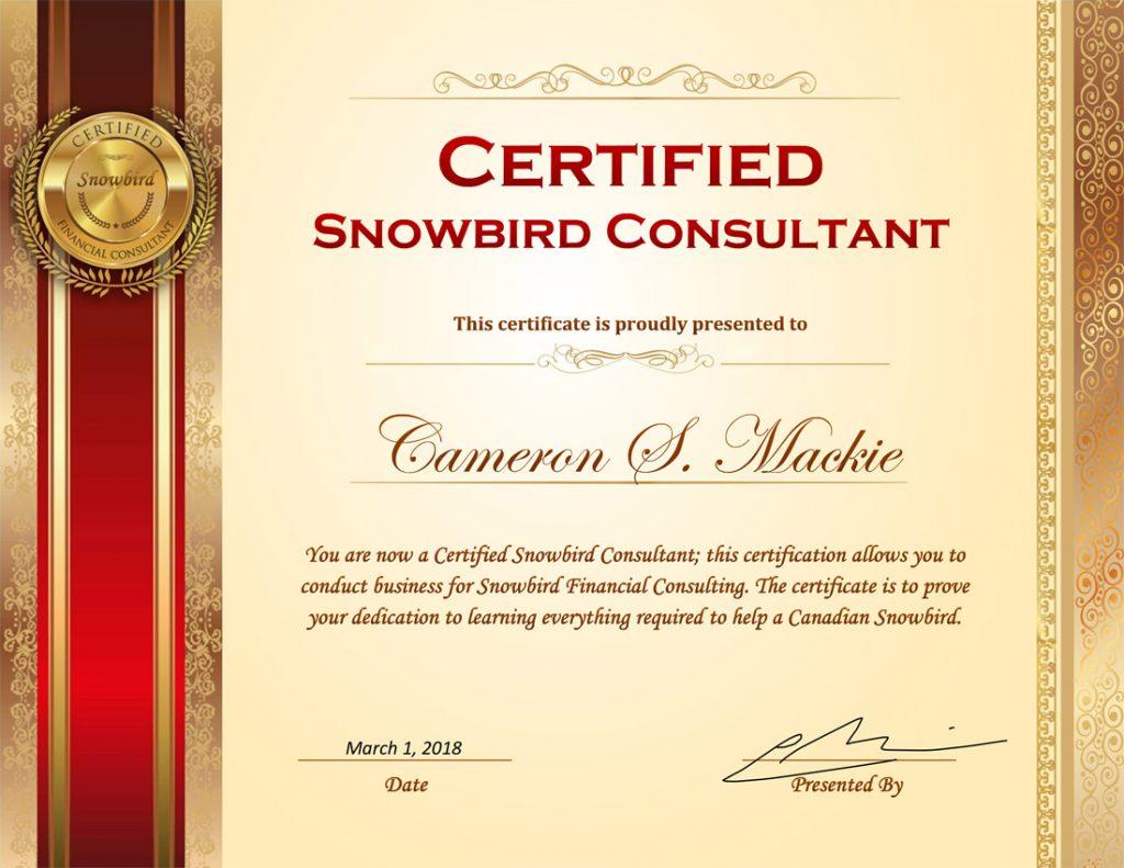 Certified to provide the best advice to Canadian Snowbirds